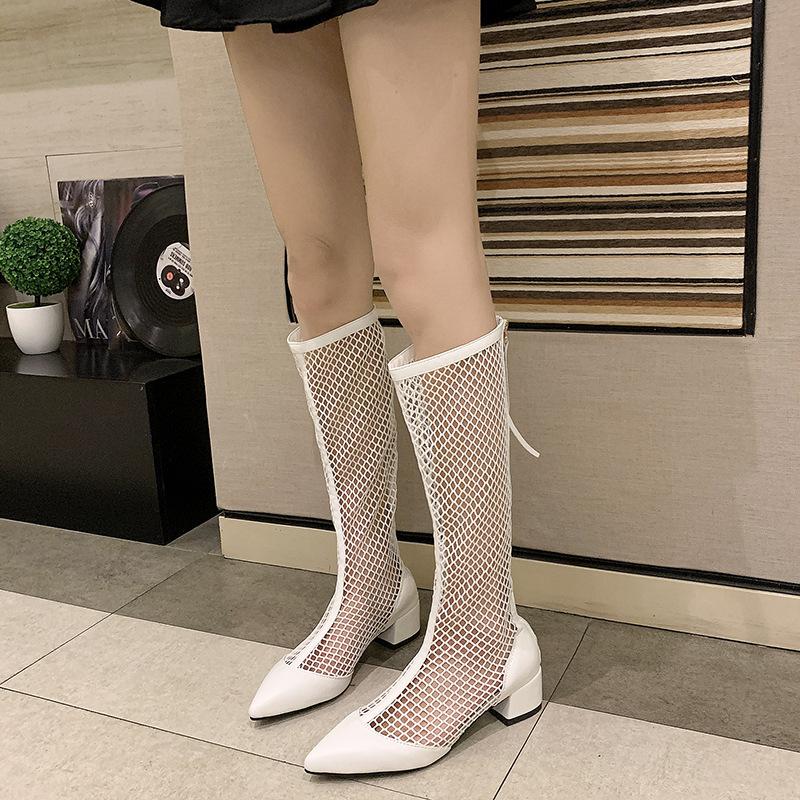 Fashion Women's Summer Boots Luxury Elegant Outdoor Fashion Black Mesh Long Wedge Medium Heel Pointed Toe Shoes For Women Trends 2025