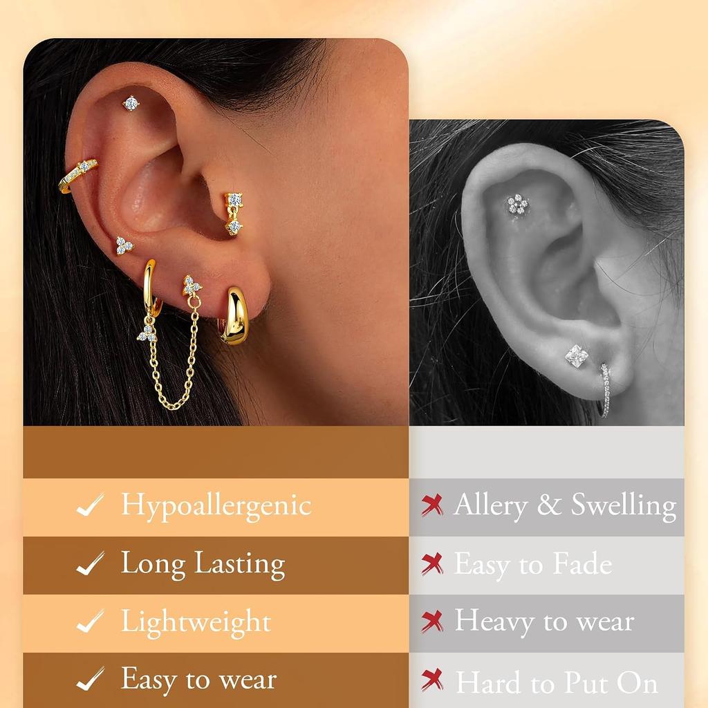 6 Pairs Gold Earring for Women | 14K Gold Plated Hypoallergenic Chain Earring Dainty Huggie Flat Back Earring Stack for Multiple Piercings