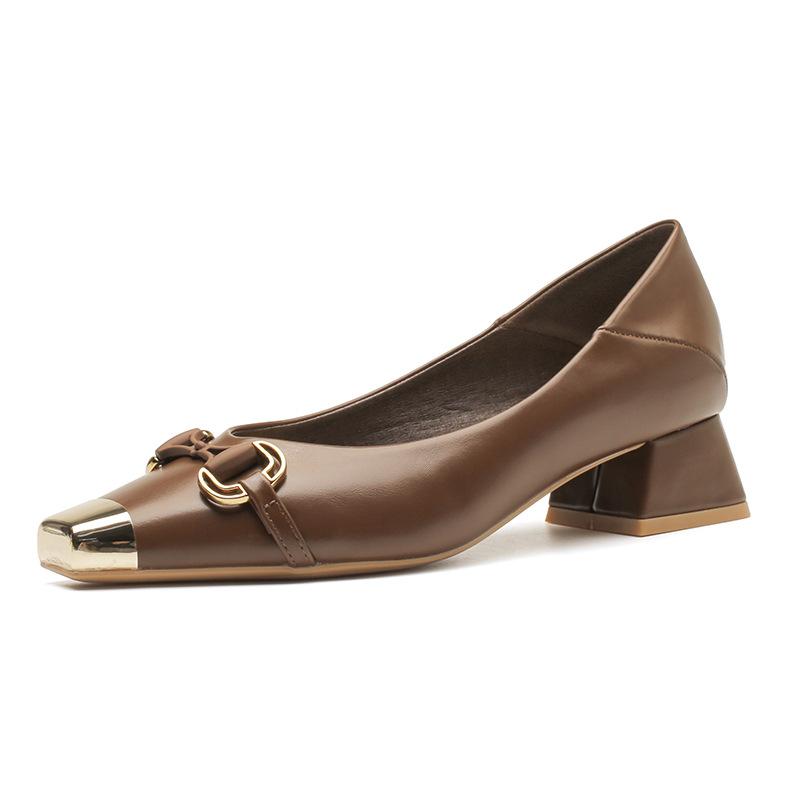 H976-10 Iron Head Thick Heel High Heels Women's Head Sheepskin Insole Short Heel Women's Shoes Brown Light Mouth Single Shoes Women's