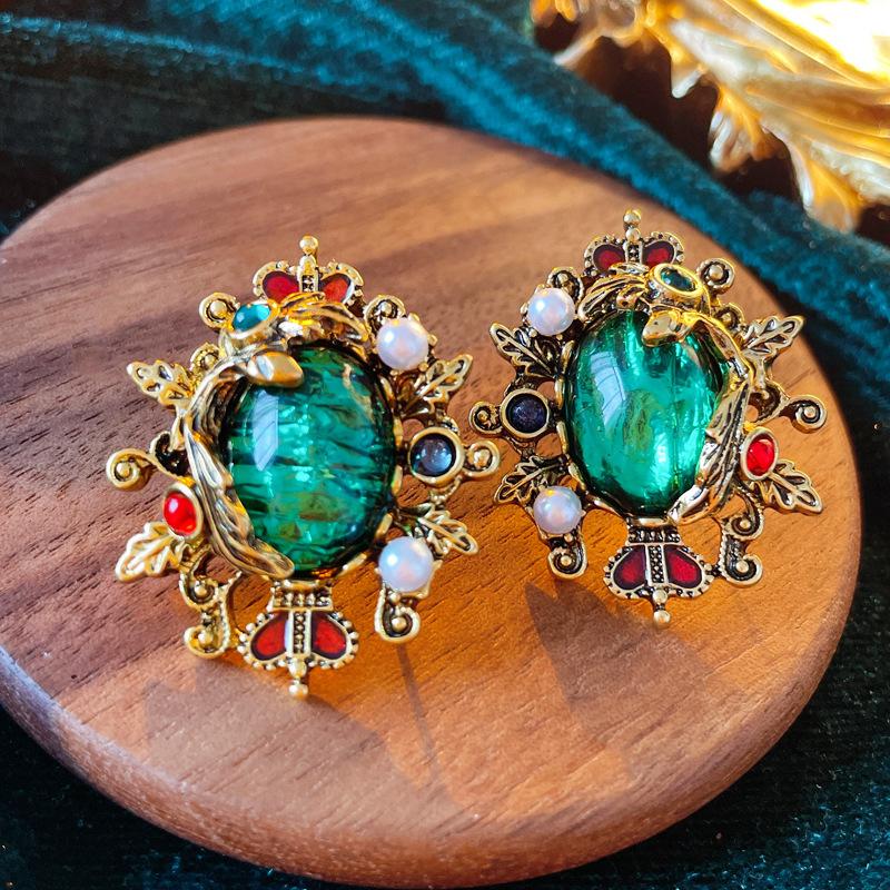 Advanced Temperament Elegant Rhinestones Eearrings for Women's Jewelry Accessories Gifts Silver Needle Medieval Green lGeometric Square Design Arrings