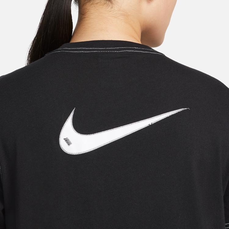 Nike Sportswear Swoosh Logo Patch Lightweight Loose Fit Sports Casual Crew Neck Short Sleeve Dress Women Dresses Black DM6192-010