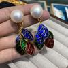 Vintage Court Style Enamel Dripping Oil Colored Leaf Stud Earrings Copper Gold-Plated Non-Fading Ear Jewelry