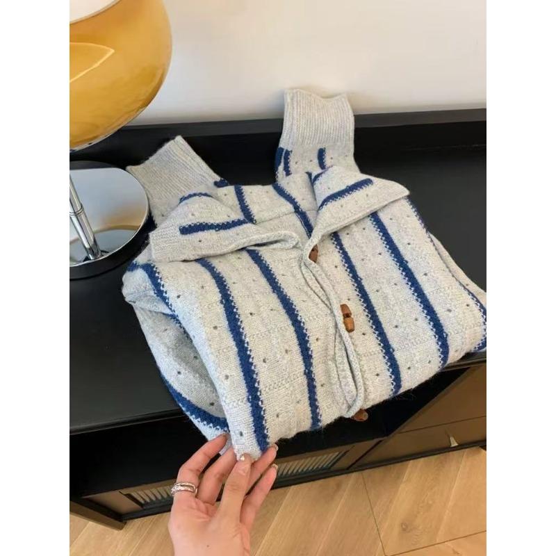 

Corner buckle lapel striped knitted cardigan sweater jacket women s small loose soft waxy premium top thickened L