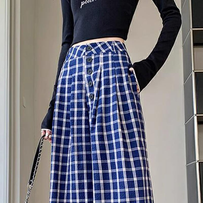 Zhao Lusi Style Women's Blue Plaid Wide-Leg Pants - 145 Petite, Early Autumn, Elegant Casual Straight-Leg