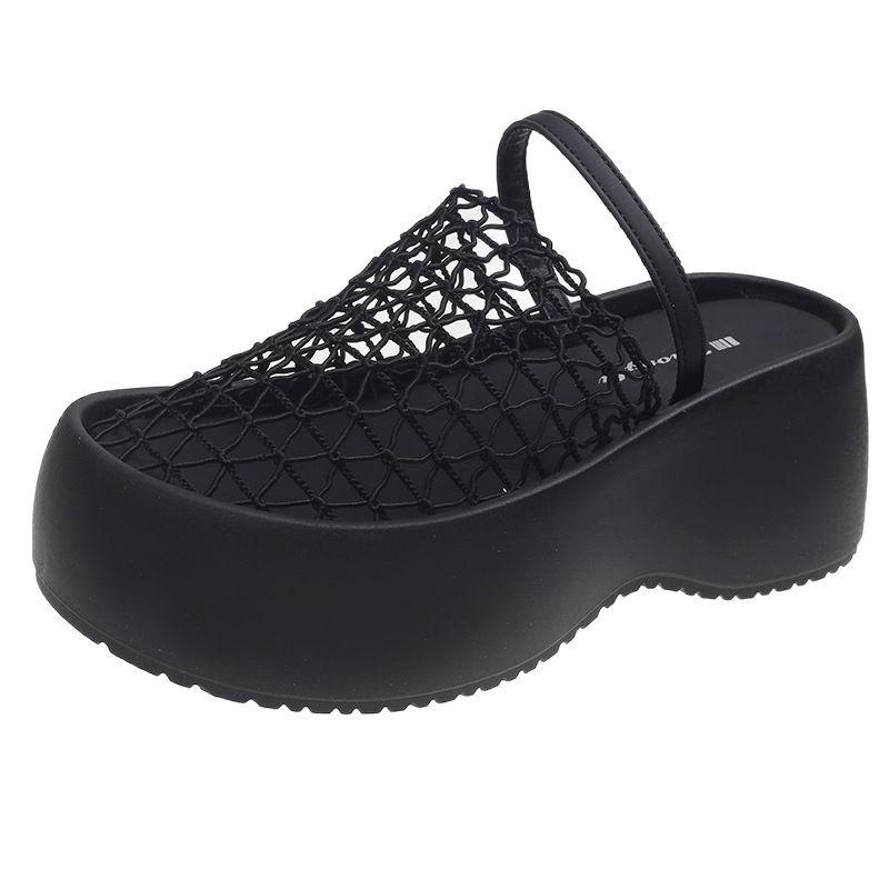 Retro mesh hollowed out bag head cool slippers women's summer wear thick-soled wedge heels high heels holiday word with sandals