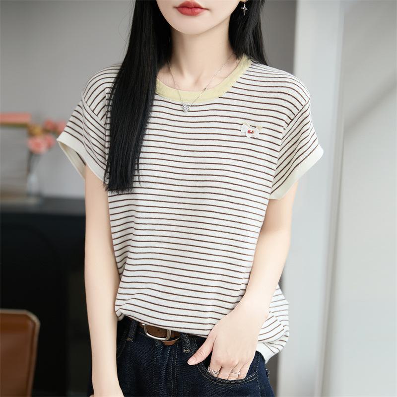 Round-neck Knitted Short-sleeved Women's Summer New Style Multi-color Striped Little Horse Base Layer T-shirt