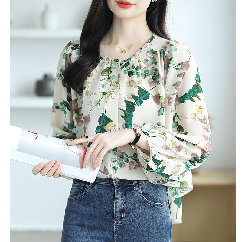 Round Necked Women's Long Sleeved Autumn Printed Shirt with Mulberry Print Top