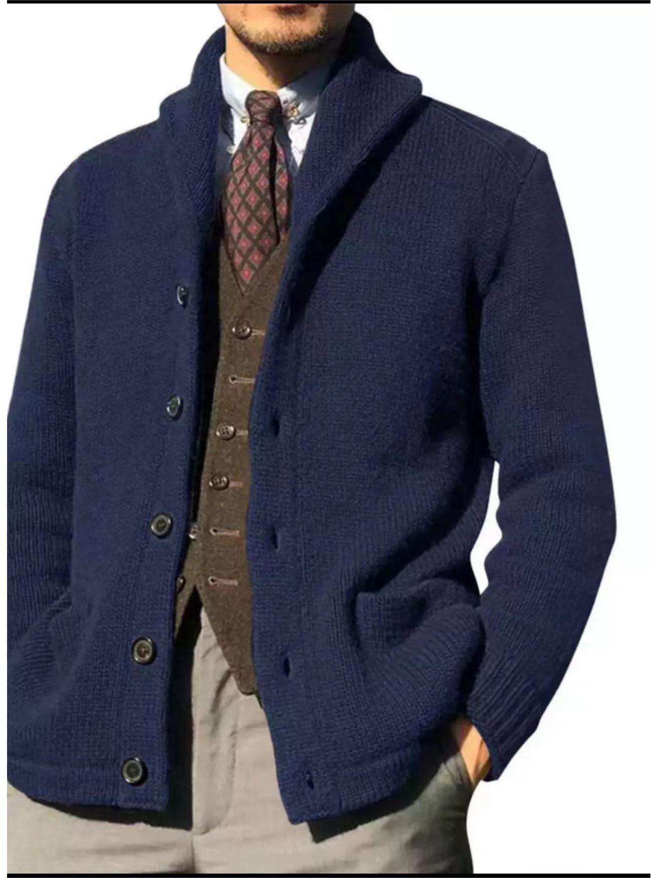 

Мужской осенний вязаный свитер 2024 года в стиле колор-блок с отворотом и длинными рукавами L темно-синий