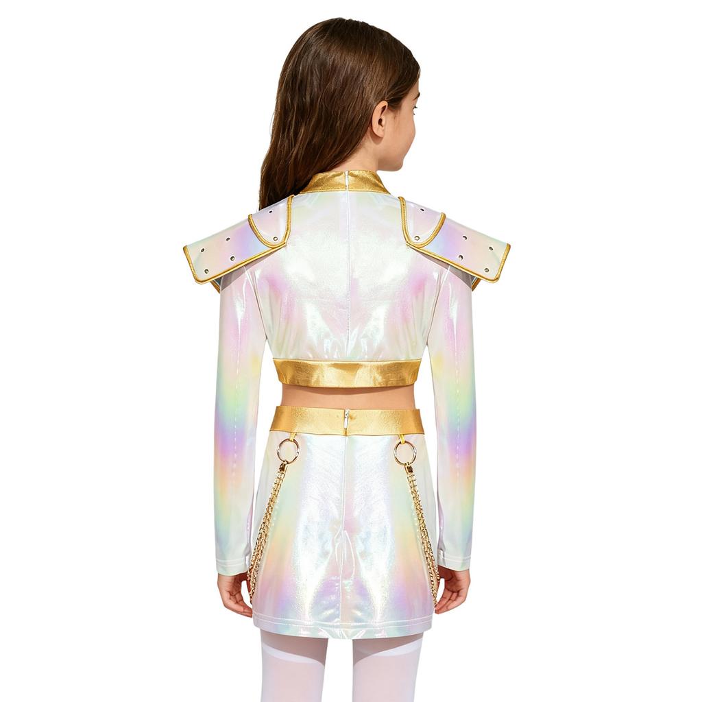 Kids Girls Anime Character Cosplay Outfit Iridescent Gloss Contrast Color Mock Neck Long Sleeve Chest Tassels Decor Back Invisible Crop Top and Matche