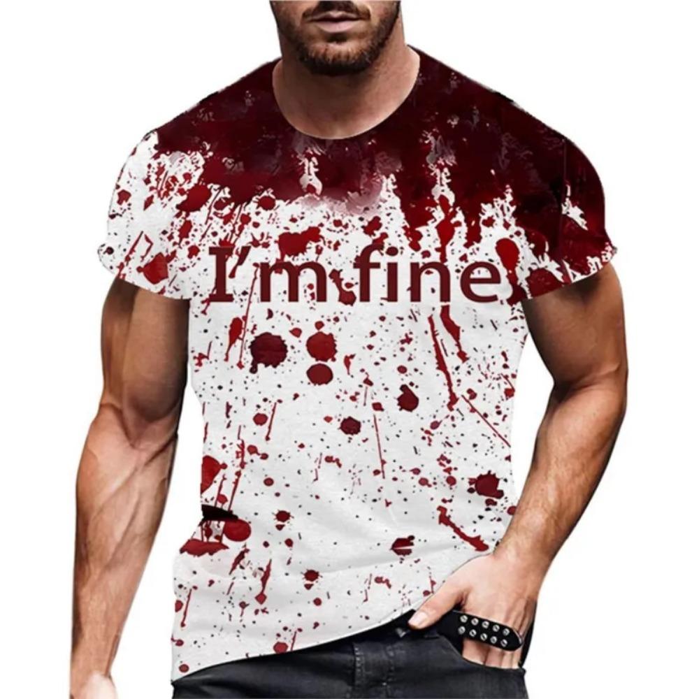 2025 New Funny Men's Blood I'm Fine Halloween Print T-shirt Funny Blood Men's Fun Round Neck Casual Short Sleeve