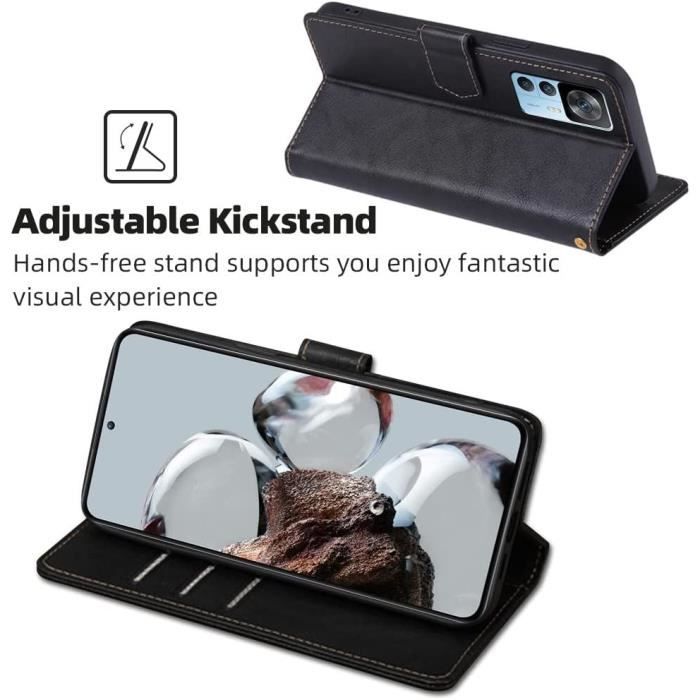 Coque pour Xiaomi 12T Pro + 2 Verres Trempés, Antichoc Intégral Portefeuille Effet Cuir Noir