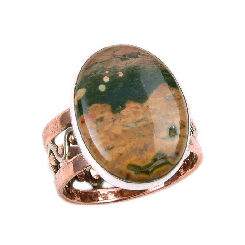 Natural Ocean Jasper Gemstone 925 Solid Sterling Silver Two Tone Ring S.6.5 V0w21