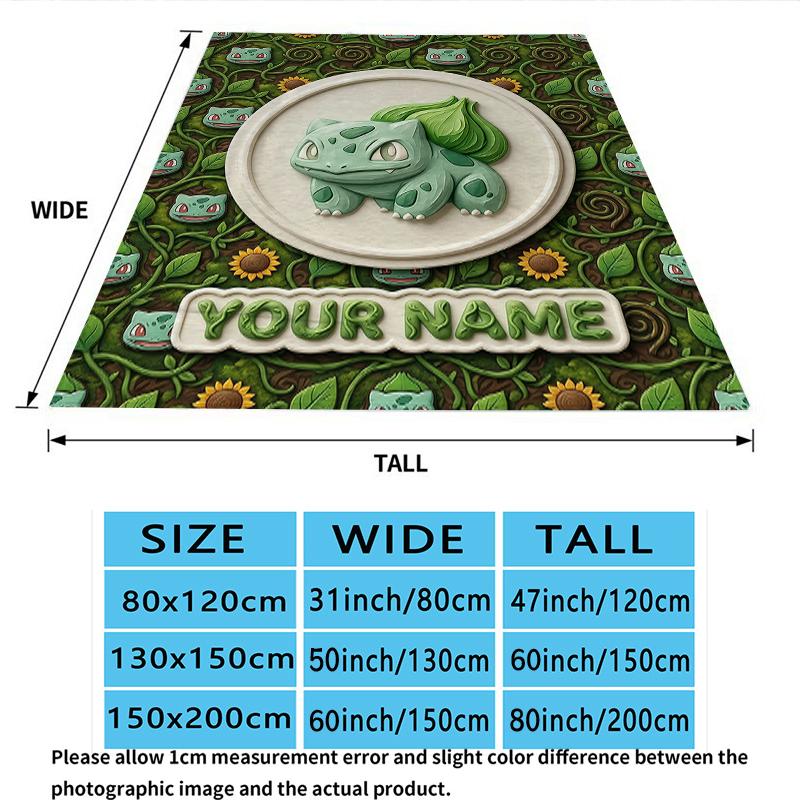 Custom Name,Bulbasaur Printed Flannel Blanket, soft throw for bedroom sofa, washable, Christmas present, great gift.