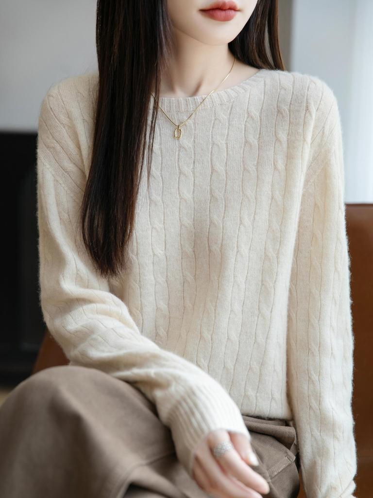 Damen Lässiger Locker Gestrickter Pullover mit Rundhalsausschnitt und Langen Ärmeln