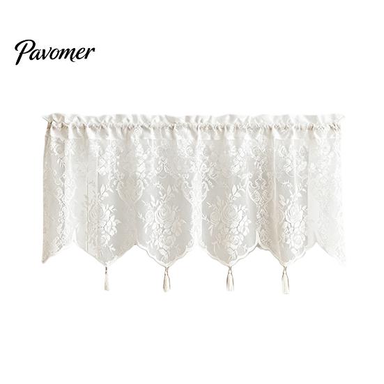 French Rose Lace Curtain Window Valance Curtain, White Sheer Short with Tassels And Rod Pocket, Vintage Light Filtering for Living Room Bedroom Breeze