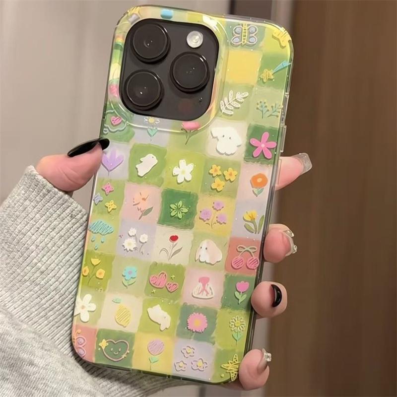 IND green grass grid pattern broken flower rabbit phone case with chain  for iPhone 11 12 13 14 15 16 17 Pro Max