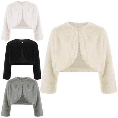 S-XL Kids Girls Faux Fur Bolero Jacket: Warm Long Sleeve Crop Shrug, Open Front Coat for Party & Winter Outerwear