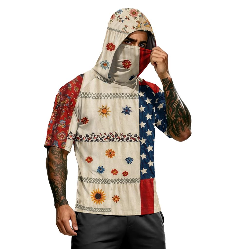 Men's Summer Independence Day Color Block Quick Dry Short Sleeve Tee, UPF 0+ UV Block Fishing & Sports Sun Hoodie