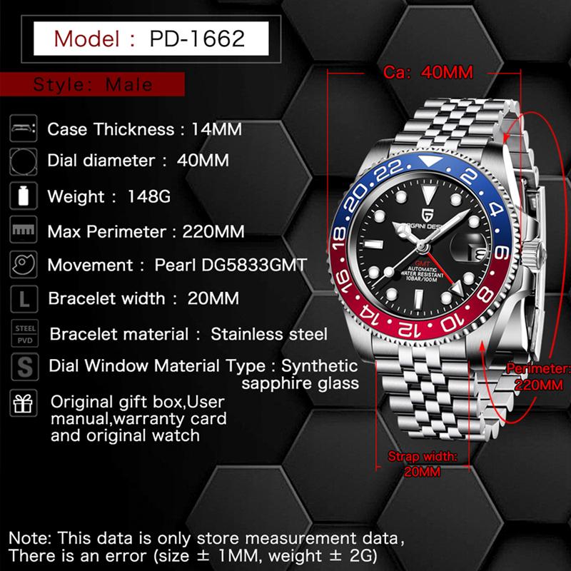 PAGANI DESIGN 40MM Luxury Men GMT Automatic Machinery Watch Ceramic Bezel Jubilee Strap Sapphire Waterproof Watches for men
