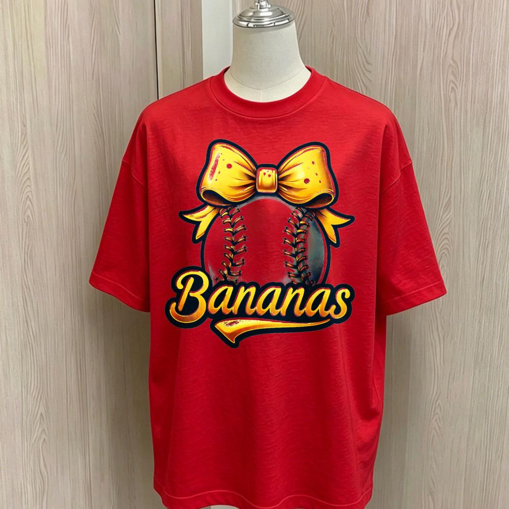 Bananas Baseball Yellow Bow Print Oversized Cotton Tee Retro Sports Loose Short Sleeve Tops Cute Game Day