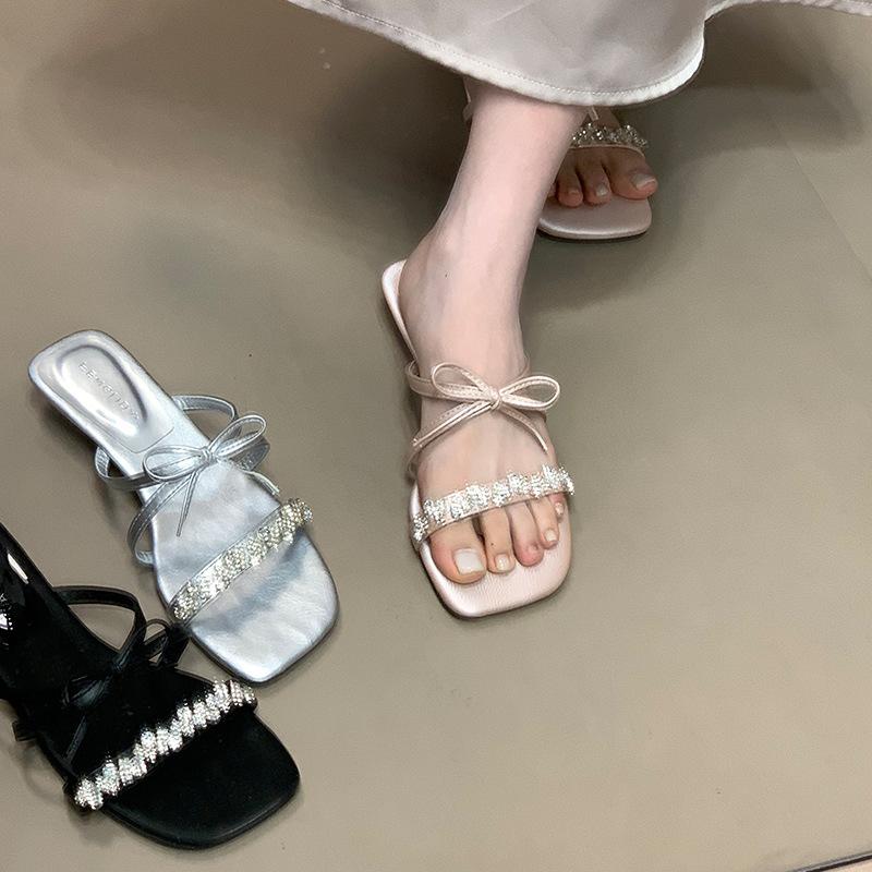 Thin ribbon rhinestone bow one-word drag fairy style high-end sandals outer wear 2025 new