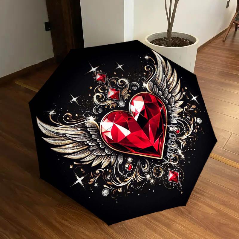 1pc Heart with Wings and Diamonds Umbrella with Plastic Handle,Suitable for All Seasons Home Travel Outdoor UmbrellaDD1371