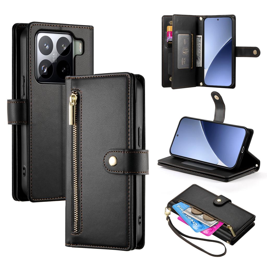 DF-011 For Xiaomi 15 Pro Case Zipper Pocket Wallet Leather Phone Cover with Straps