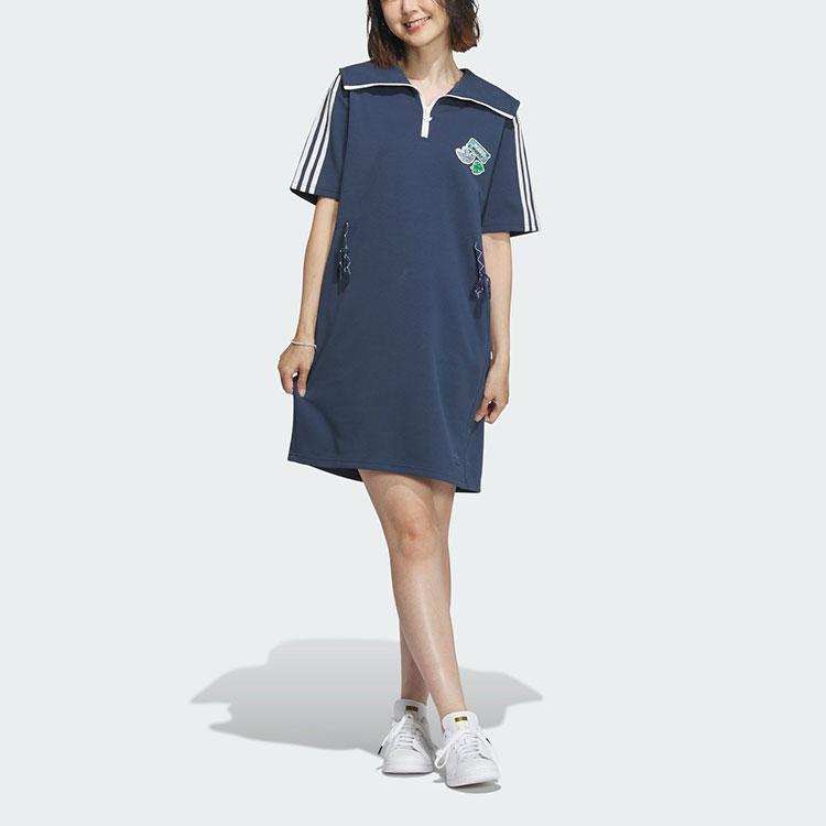 Adidas Originals Holiday Play Knit Dress With Stripes And Breathable Sport Collar Women Dress Navy IW6305