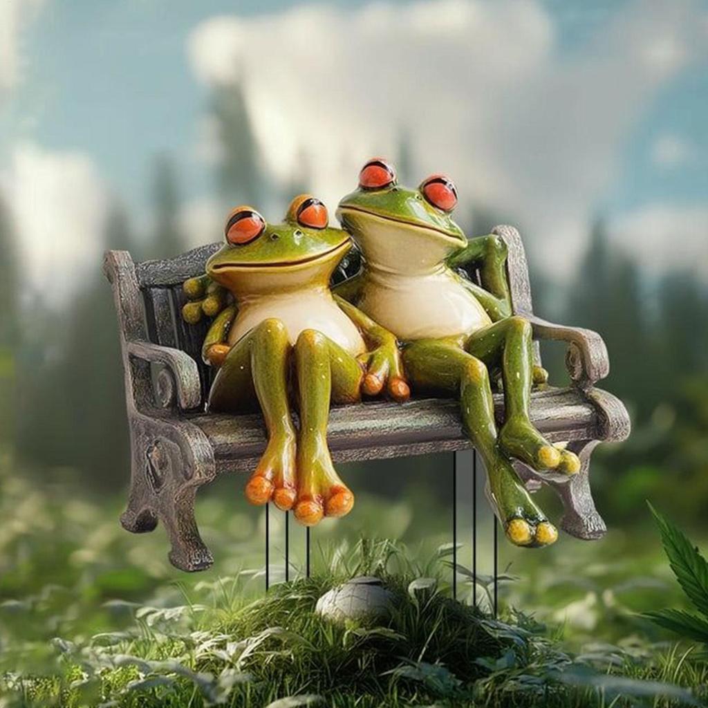 20x20cm Home Frog Decor 2D Flat Acrylic Frog Couple Bench Sculpture Statues Figurines Ornaments For Porch Backyard Bookshelf
