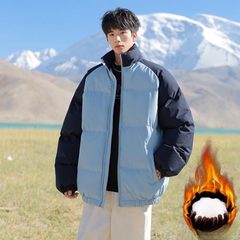 Cotton Coat Men's New Winter Style Japanese Style Fresh and Trendy Color Matching Stand-up Collar Thickened Bread Coat Cotton Coat Couple