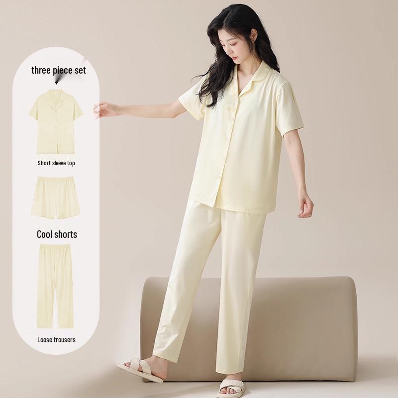 Women's Tencel Cotton Pajama Set: Summer Lyocell Short Sleeve, Long Pants, 3-Piece for Home or Outdoor Wear