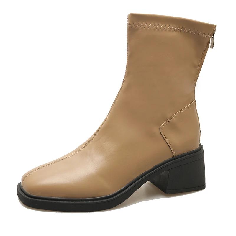 Zimowe Skórzane Damskie Śniegowce do Kostki Średnie Obcasy Projektanckie Buty Motocyklowe Trend 2024 Grube Modne Nowe Buty Goth Botas De Mujer