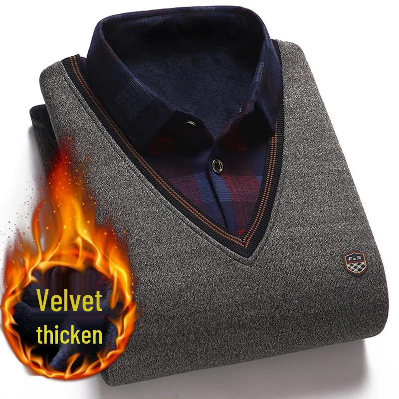 Men's Fleece-Lined Two-Piece Shirt Collar Sweater for Middle-Aged & Elderly