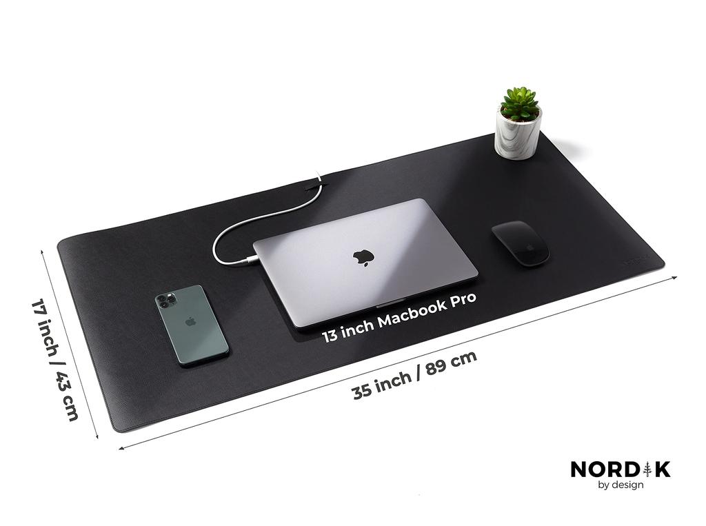 Nordik Faux Leather Desk Mat with Cable Organizer (Black, 90 x 43 cm) Premium Extended Mouse Mat for Home and Office Accessories - Felt Vegan Large