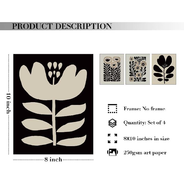 JXREQ Vinatge Boho Abstract Matisse Floral Wall Art, Mid Century Modern Abstract Black and Beige Floral Wall Decor for Home Kitchen Bedroom Bathroom
