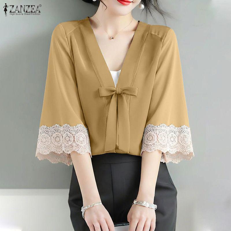 ZANZEA Bluză casual de damă cu decolteu în V, cu inserții de dantelă și mâneci 3/4
