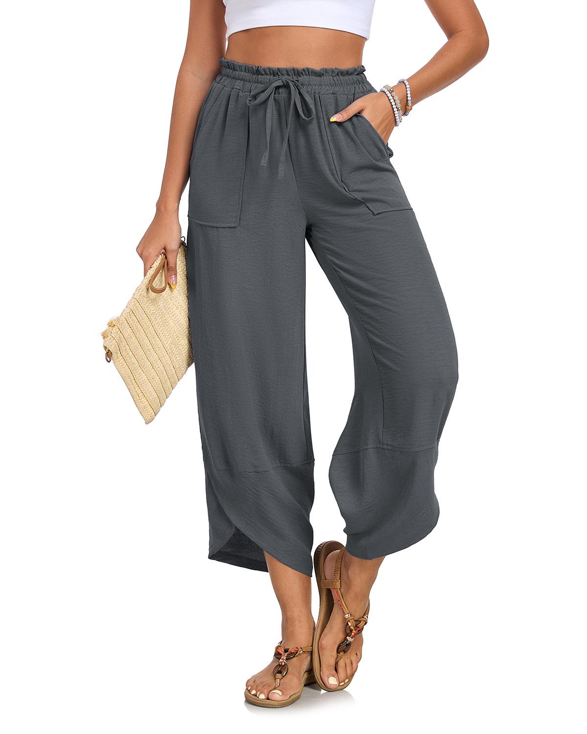 

Women s Casual Summer Loose Petal Print Seven-Point Pants with Elastic Waist and Pockets L серый