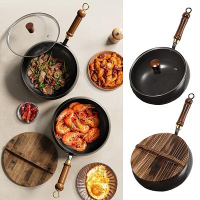 Non-Stick Cast Iron Wok with Lid & Spatula 24/28cm Large Belly Frying Pan for Stir-Fry Soup Uncoated & Scratch-Resistant