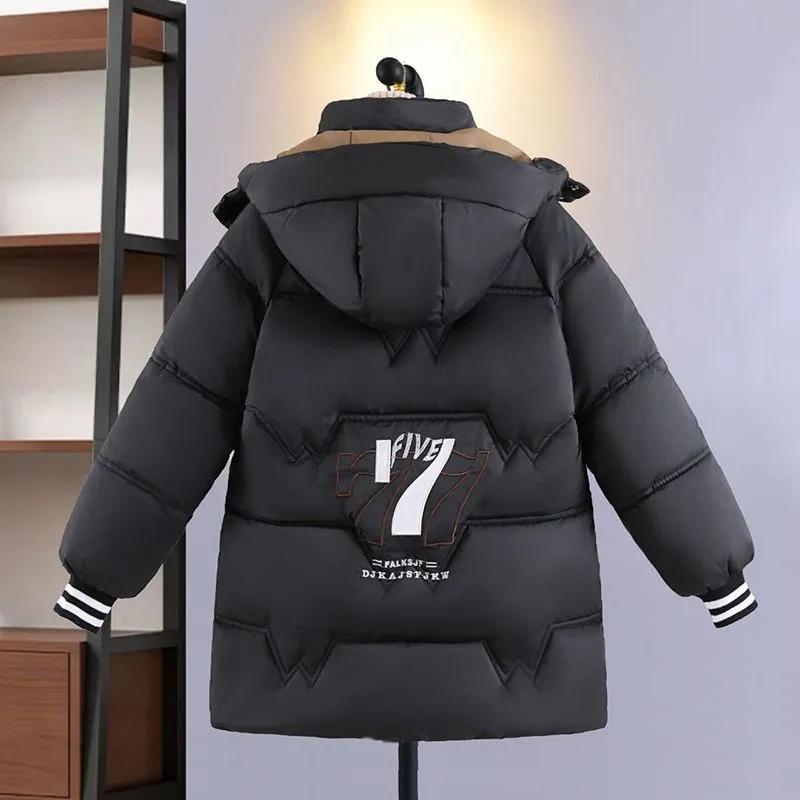Zimní chlapecká bunda pro teenagery s potiskem písmene 7, podšitá sametem, silná teplá parka s kapucí na zip, kabát pro děti 6-14 let, bavlněný svrchní oděv