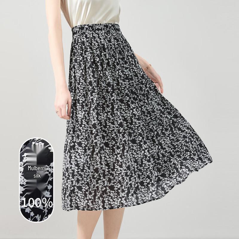 Women s 100% Mulberry Silk High-Waist Floral Print Midi Skirt F