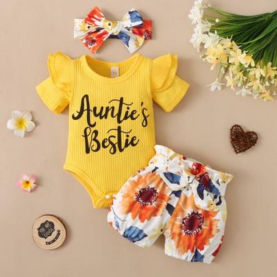 3Pcs/set Infant Baby Girls Clothes Summer Ruffled Short Sleeve Letter Ribbed Bodysuits+Floral Shorts+Headband Outfits