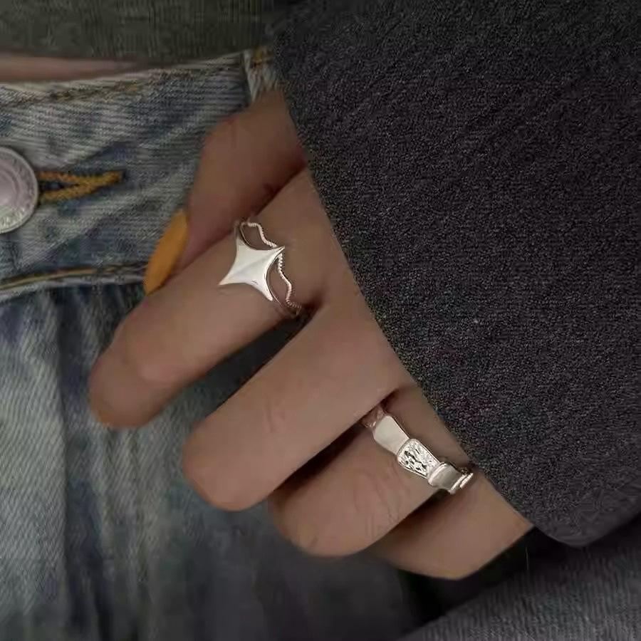 Korean Version of the Star Stacked Rock Pattern Ring 925 Sterling Silver Ins Wind Index Finger Ring Sweet Cool Ring Tide