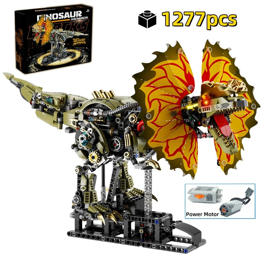 Non-Toxic 1277Pcs Mechanical Dinosaur Blocks Dual Crested Dilophosaurus Light Up Moving Model Jurassic Decor Creative Gift Set