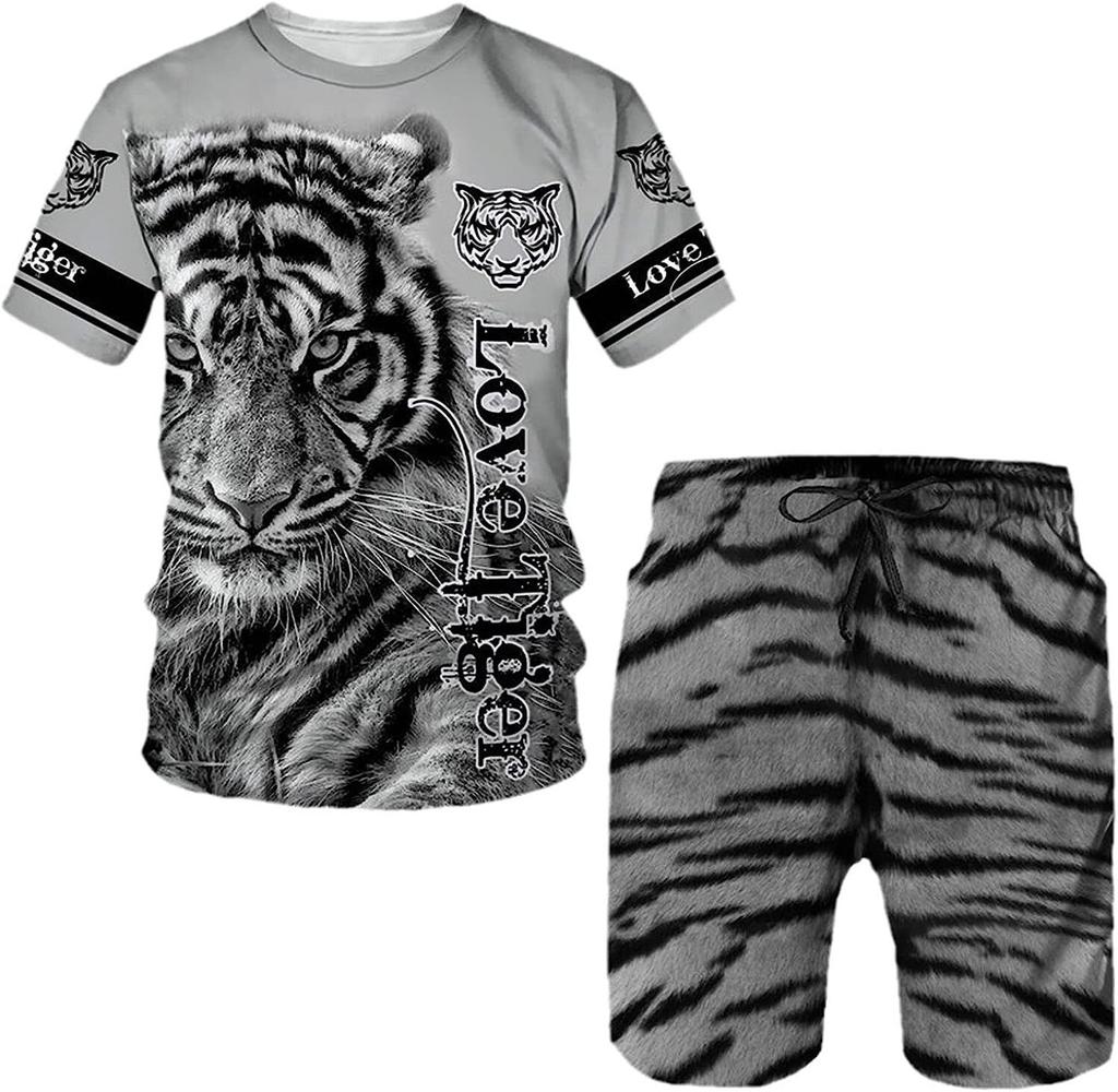 Plus rozmiar 3D nadruk lwa męska fajna koszulka z krótkim rękawem zestaw do fitnessu sportowego letni styl uliczny ponadgabarytowych graficznych 2 szt. Odzież męska