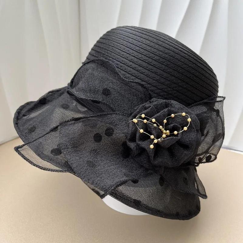 WTEMPO Summer Solid Color Mesh Patchwork Sunscreen Hats Women's Casual Versatile Shopping Fashion Sun Hats with Peral Flower