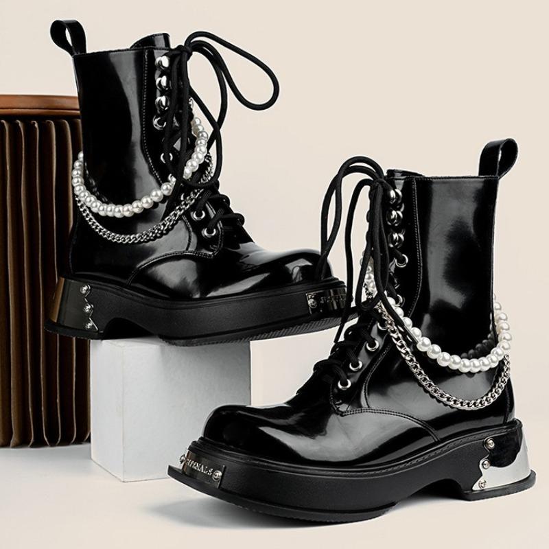 Quality Selection Women's Boots Trend Pearl Chain Design Women Ankle Boots High Quality Platform Leather Short Boots Botas Mujer