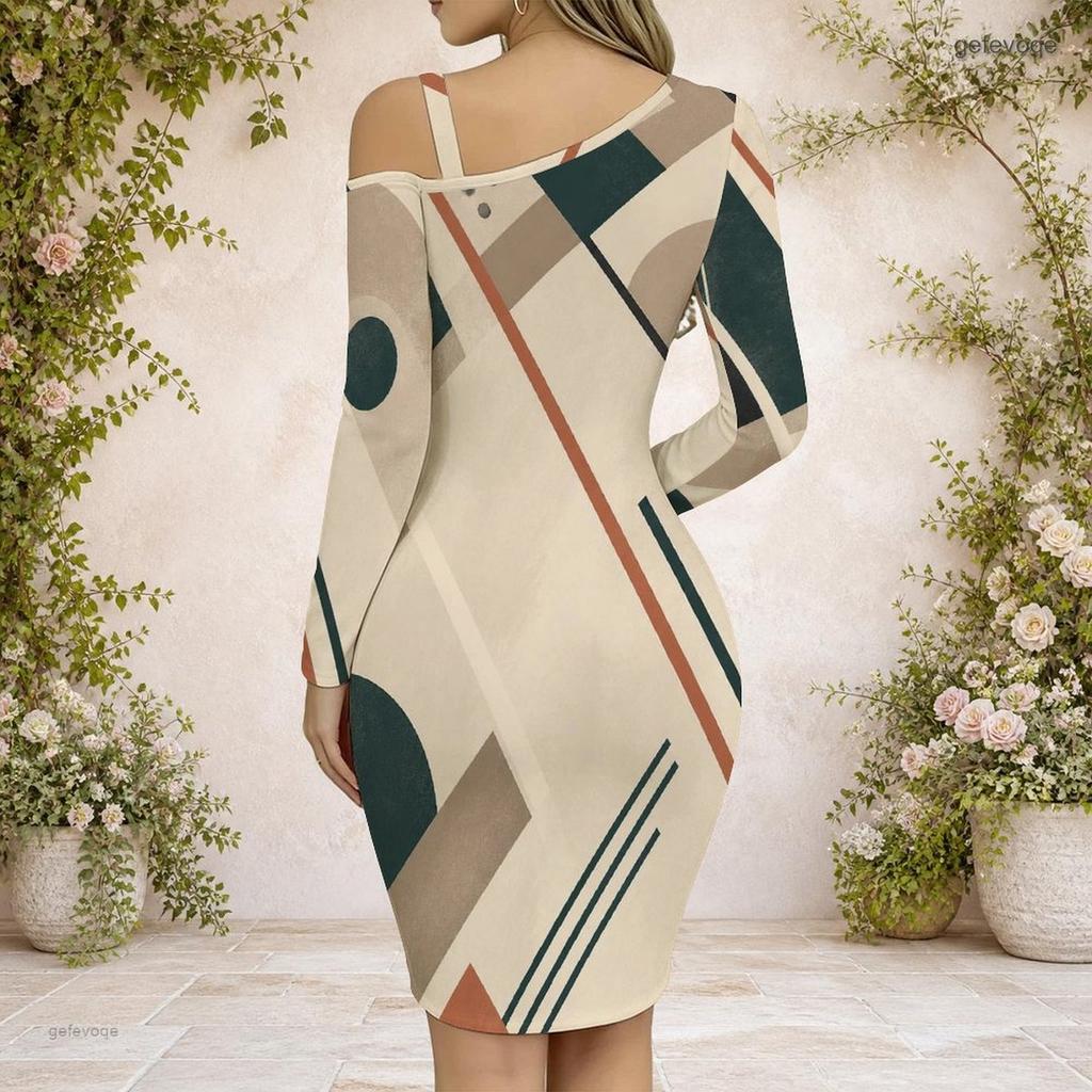 Women Plus Size Chain Strap Cold Shoulder Long Sleeve Printed Asymmetrical Bodycon Dress