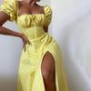 Women Floral Print Square Neck Short Sleeve Lace Up Split Long Dress
