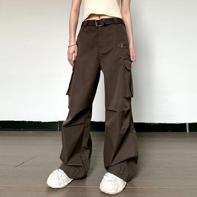 

Карманный дизайн Свободные широкие брюки Модные с высокой талией Повседневные брюки Coffee L