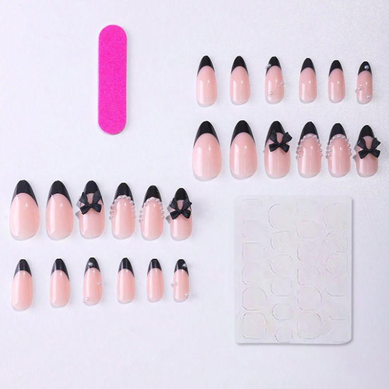 24pcs Black Almond Shaped False Nails, Decorated With 3D Bowknot And Simulation Pearl Press-On Nails, Manicure Supplies